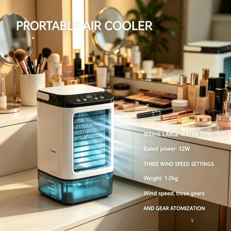 2026 NEW Rechargeable Personal Mini Air Cooler 900ml Tank 3-Speed Evaporative Desk Fan 7-Color Night Light Humidifier for Bedroom Travel