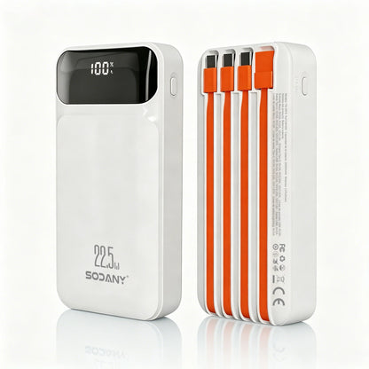 External Battery 20000Mah 22.5W Fast Charging 4 Integrated Cables Smart Digital Lcd Screen Power Bank White