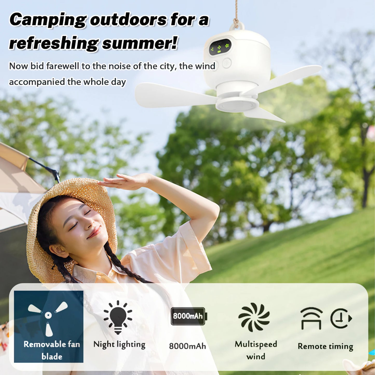 8000mAh Battery Camping Fan with LED Light & Remote, USB Rechargeable Hanging Tent Fan 4W Low Noise, Portable for Outdoor Travel Dorm Bedroom
