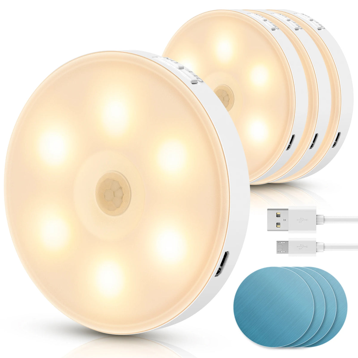Aigostar 4 Piezas 3000K Luz Nocturna Magnética LED con Sensor de Movimiento, Luz Armario Adhesiva USB Recargable, 0.5W Luz Noche para Habitación, Pasillo, Cocina, Escaleras, Baño