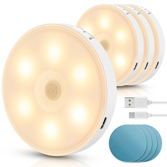 Aigostar 4 Piezas 3000K Luz Nocturna Magnética LED con Sensor de Movimiento, Luz Armario Adhesiva USB Recargable, 0.5W Luz Noche para Habitación, Pasillo, Cocina, Escaleras, Baño