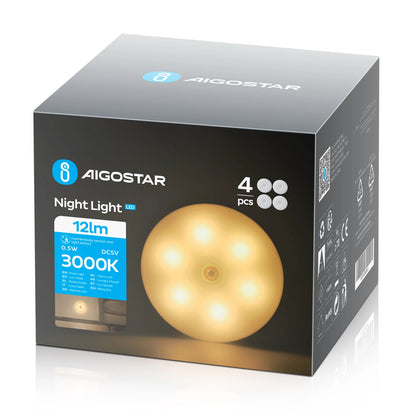Aigostar 4 Piezas 3000K Luz Nocturna Magnética LED con Sensor de Movimiento, Luz Armario Adhesiva USB Recargable, 0.5W Luz Noche para Habitación, Pasillo, Cocina, Escaleras, Baño