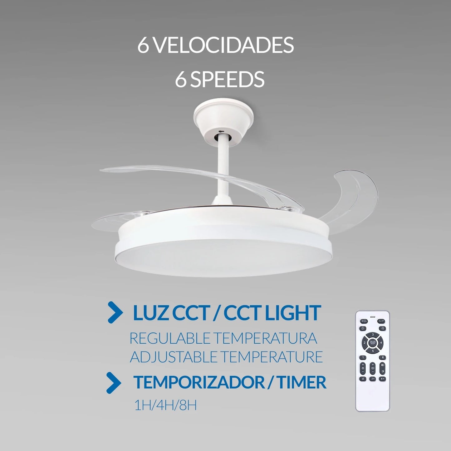 LED Ceiling Fan with Light, 107 cm White & Crystal Design, Retractable Blades, DC Motor for Silent Operation, Remote Control, Energy Efficient with 30W LED, Perfect for Living Room or Bedroom.