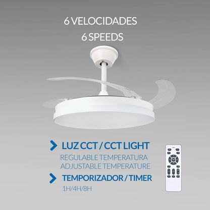 LED Ceiling Fan with Light, 107 cm White & Crystal Design, Retractable Blades, DC Motor for Silent Operation, Remote Control, Energy Efficient with 30W LED, Perfect for Living Room or Bedroom.