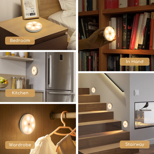 Aigostar 4 Piezas 3000K Luz Nocturna Magnética LED con Sensor de Movimiento, Luz Armario Adhesiva USB Recargable, 0.5W Luz Noche para Habitación, Pasillo, Cocina, Escaleras, Baño