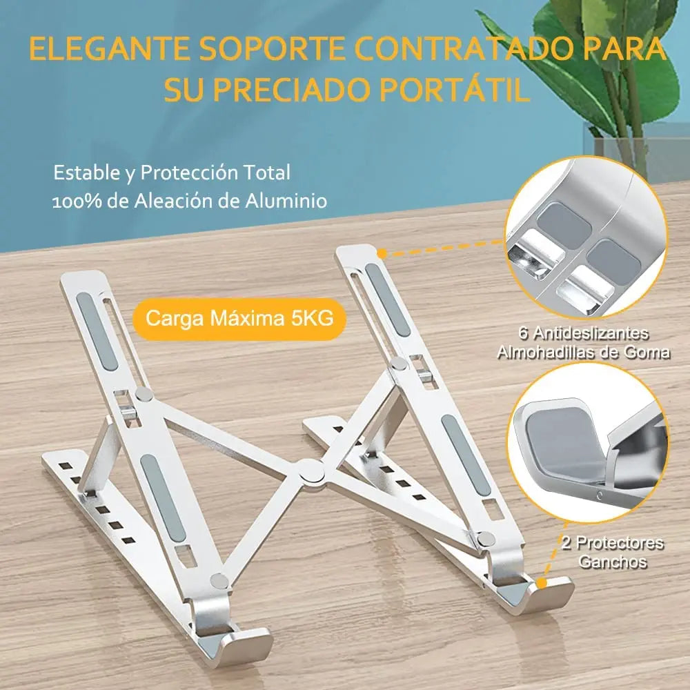 Soporte Ordenador Portátil aluminio Plegable, Soporte para Ordenador Portátil Mesa Altura Ajustable, Laptop Stand para Escritorio Compatible con MacBook Air Pro, ASUS HP Surface Lenovo 5-15,6", Atril Aluminium PC, Tablet, Color Plateado