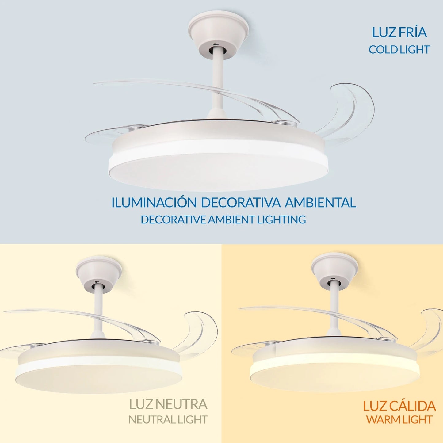 LED Ceiling Fan with Light, 107 cm White & Crystal Design, Retractable Blades, DC Motor for Silent Operation, Remote Control, Energy Efficient with 30W LED, Perfect for Living Room or Bedroom.