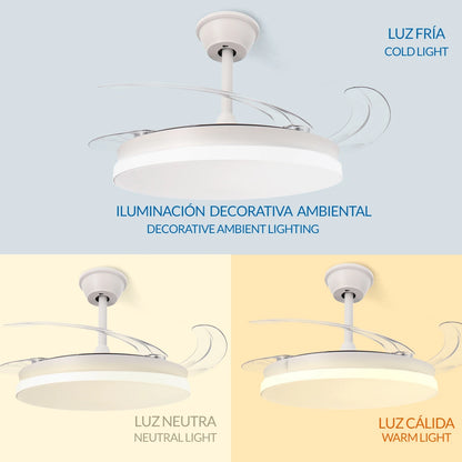 LED Ceiling Fan with Light, 107 cm White & Crystal Design, Retractable Blades, DC Motor for Silent Operation, Remote Control, Energy Efficient with 30W LED, Perfect for Living Room or Bedroom.