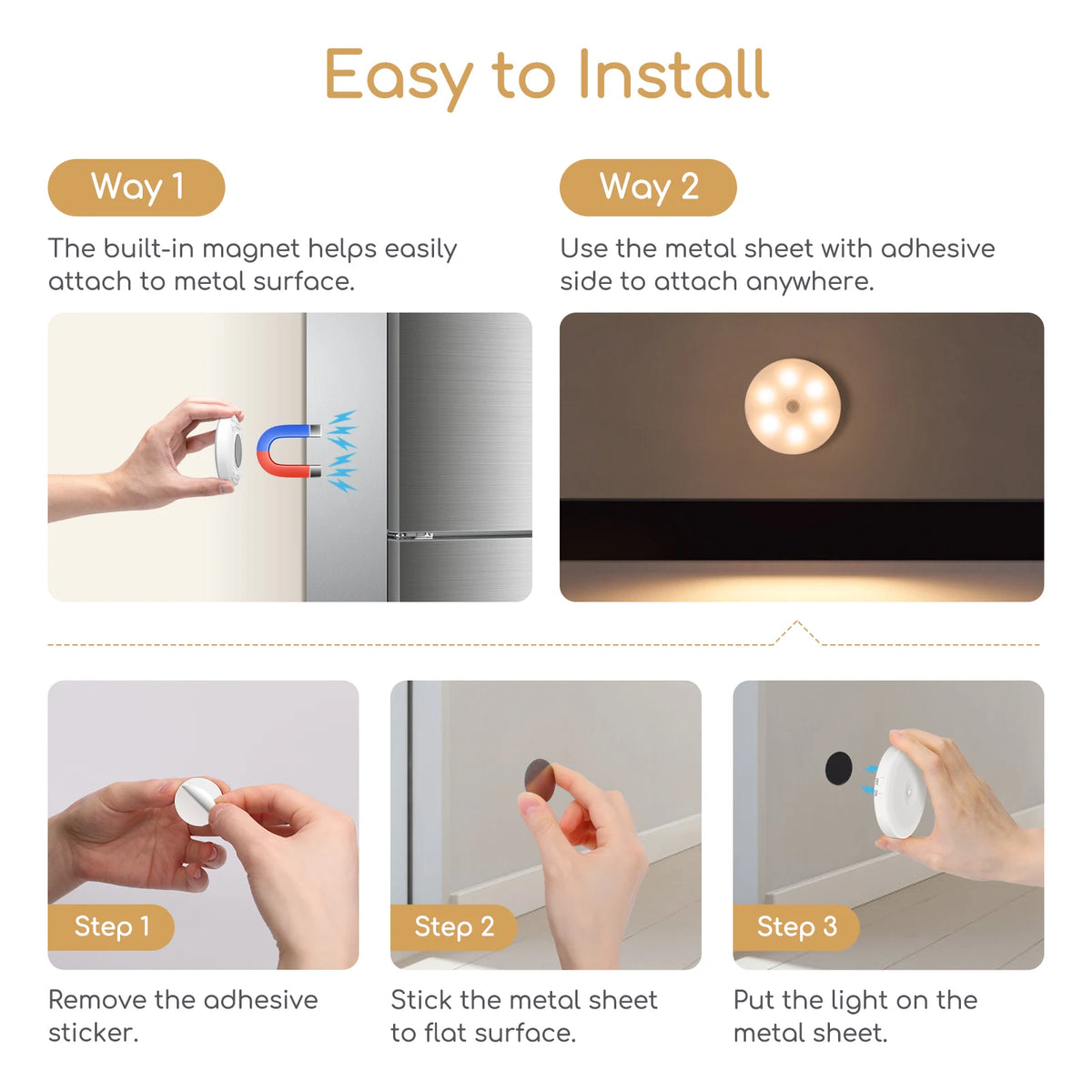 Aigostar 4 Piezas 3000K Luz Nocturna Magnética LED con Sensor de Movimiento, Luz Armario Adhesiva USB Recargable, 0.5W Luz Noche para Habitación, Pasillo, Cocina, Escaleras, Baño