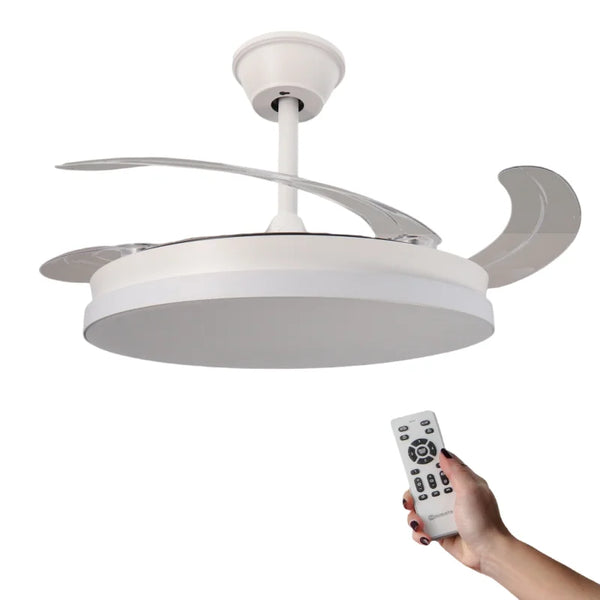 LED Ceiling Fan with Light, 107 cm White & Crystal Design, Retractable Blades, DC Motor for Silent Operation, Remote Control, Energy Efficient with 30W LED, Perfect for Living Room or Bedroom.
