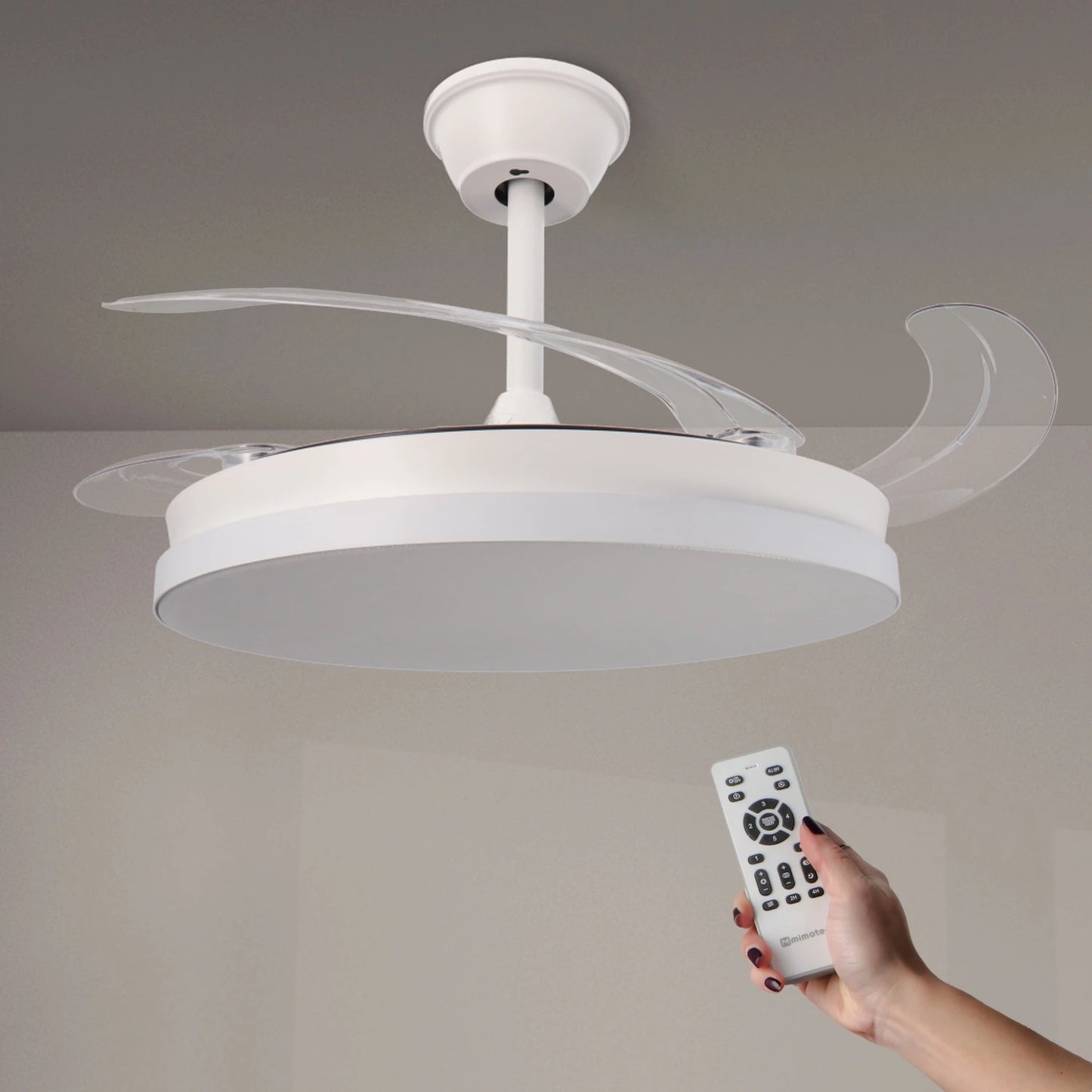LED Ceiling Fan with Light, 107 cm White & Crystal Design, Retractable Blades, DC Motor for Silent Operation, Remote Control, Energy Efficient with 30W LED, Perfect for Living Room or Bedroom.