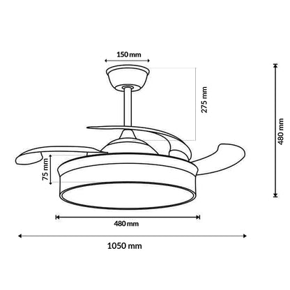 LED Ceiling Fan with Light, 107 cm White & Crystal Design, Retractable Blades, DC Motor for Silent Operation, Remote Control, Energy Efficient with 30W LED, Perfect for Living Room or Bedroom.