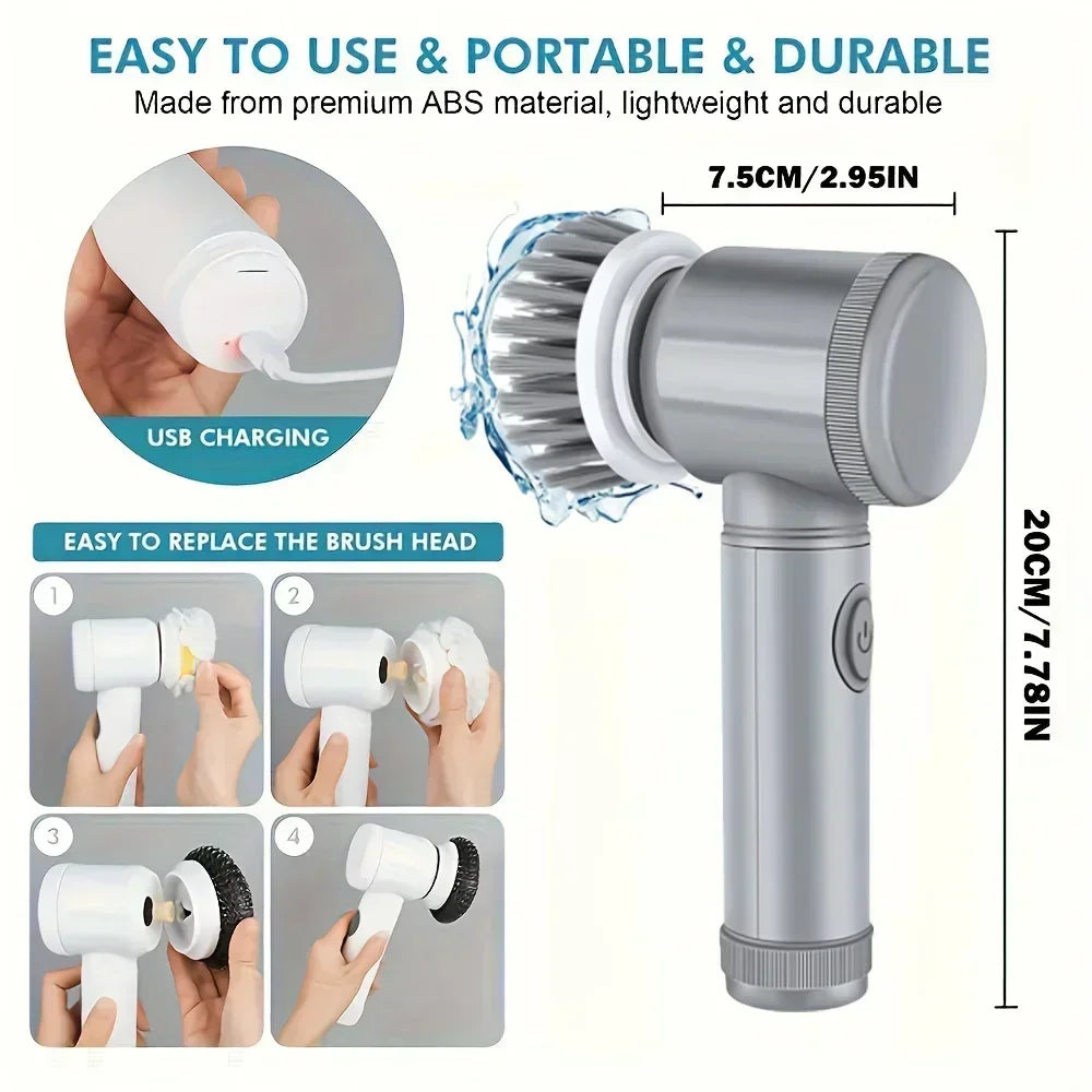 Depurador giratorio eléctrico, cepillo de limpieza inalámbrico para baño, depurador eléctrico con 5 cabezales de cepillo reemplazables, cepillo de limpieza eléctrico