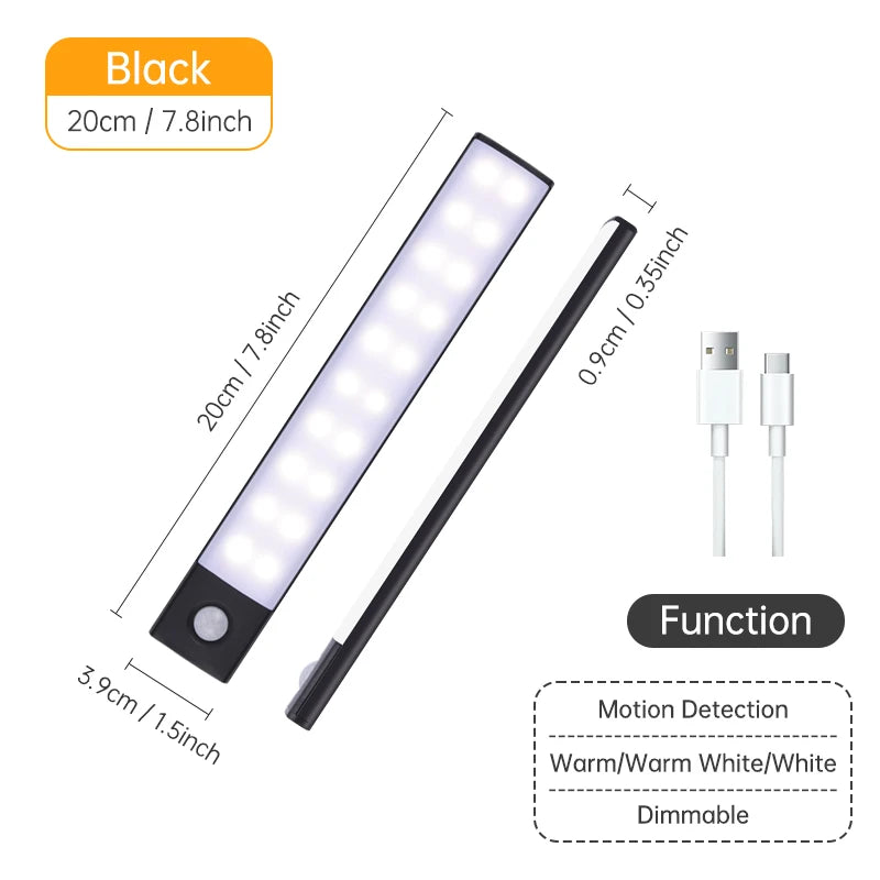 Luz LED nocturna inalámbrica con Sensor de movimiento, lámpara de noche recargable por USB para armario, lámpara de fondo para Cocina