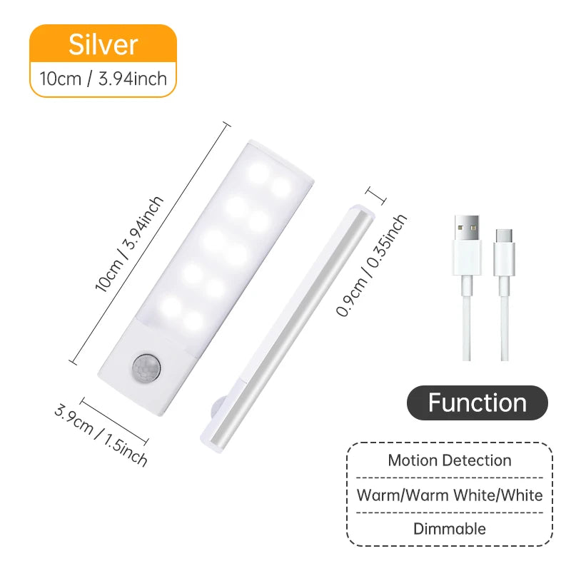 Luz LED nocturna inalámbrica con Sensor de movimiento, lámpara de noche recargable por USB para armario, lámpara de fondo para Cocina