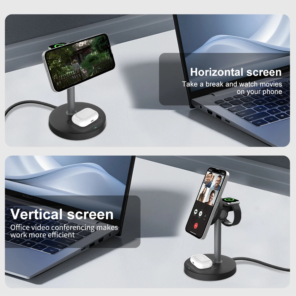 argador inalámbrico, de Carga rápida 3 en 1 de 15 W con Chip Inteligente, Base magnética Adecuada para iPhone, Soporte de Carga rápida inalámbrico Compatible con AirPods, para Reloj