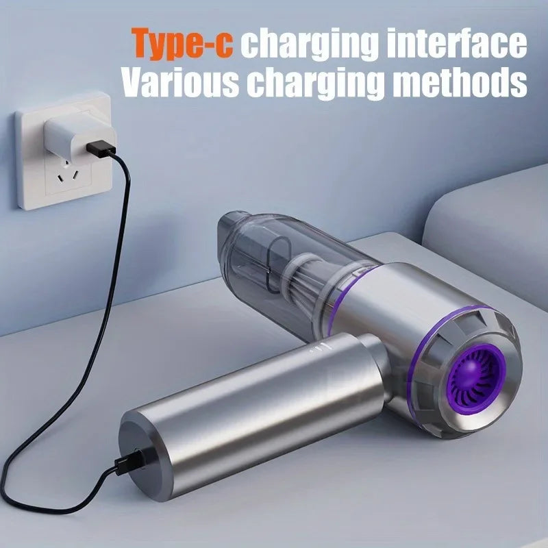 Aspiradora de coche mejorada, potente succión húmeda/seca de 6000mAh, 70dB, carga tipo C de poco ruido para limpieza del hogar/coche, soplador portátil