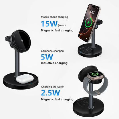 argador inalámbrico, de Carga rápida 3 en 1 de 15 W con Chip Inteligente, Base magnética Adecuada para iPhone, Soporte de Carga rápida inalámbrico Compatible con AirPods, para Reloj