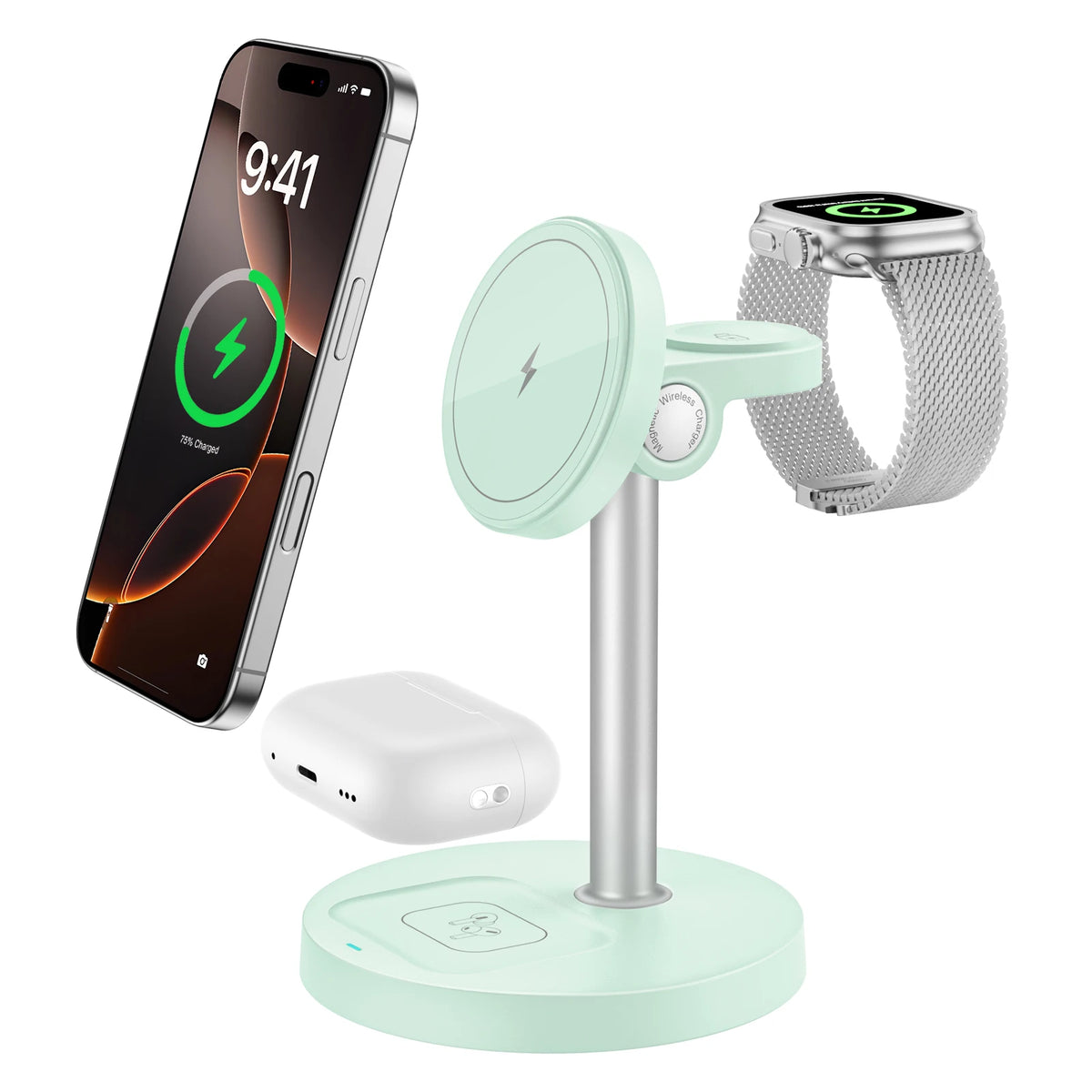 argador inalámbrico, de Carga rápida 3 en 1 de 15 W con Chip Inteligente, Base magnética Adecuada para iPhone, Soporte de Carga rápida inalámbrico Compatible con AirPods, para Reloj