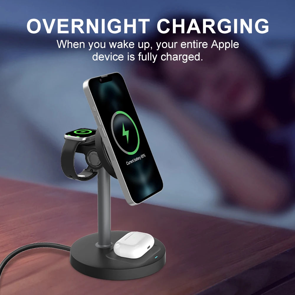 argador inalámbrico, de Carga rápida 3 en 1 de 15 W con Chip Inteligente, Base magnética Adecuada para iPhone, Soporte de Carga rápida inalámbrico Compatible con AirPods, para Reloj