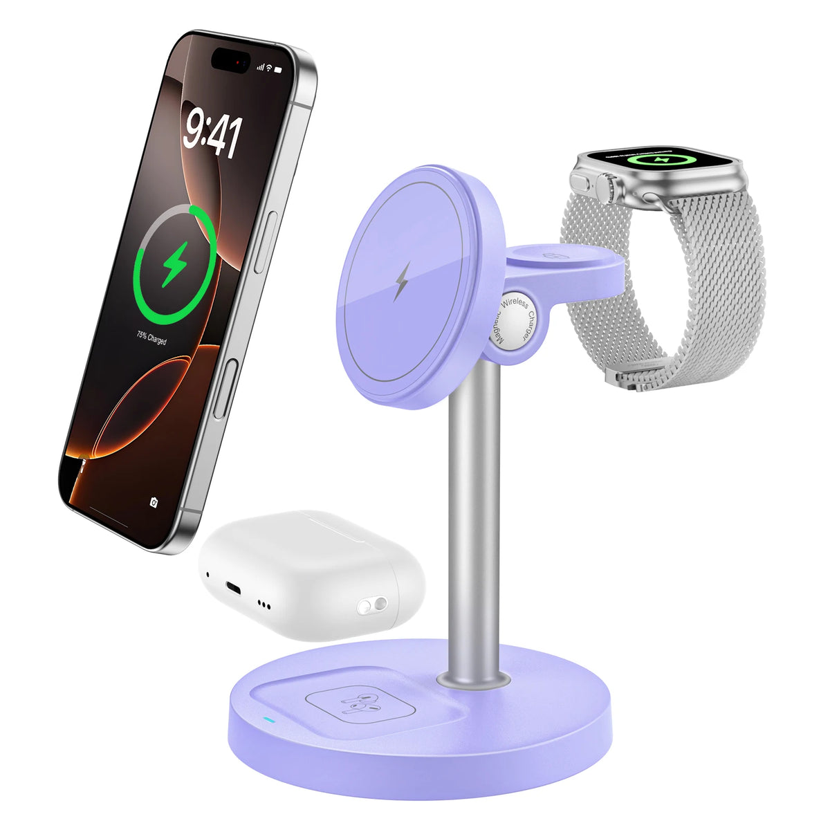 argador inalámbrico, de Carga rápida 3 en 1 de 15 W con Chip Inteligente, Base magnética Adecuada para iPhone, Soporte de Carga rápida inalámbrico Compatible con AirPods, para Reloj